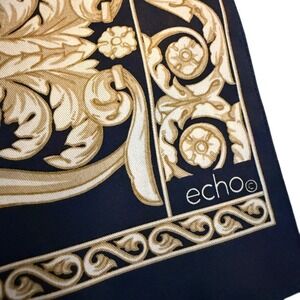 Echo 100% Silk Oblong Scarf Baroque‎ Scroll Medallion 10"x60" Navy Gold Cream